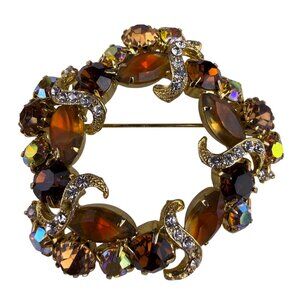 Vintage Unknown Womens Gold Tone Glass Rhinestone Wreath Brooch Jewelry